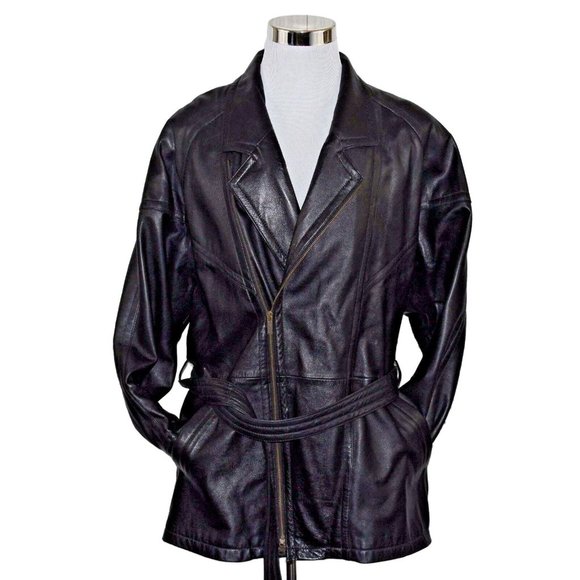 Wilson's Medium Asymmetrical Full Zip 100% Leather Belted Notched Collar Coat - Picture 3 of 12